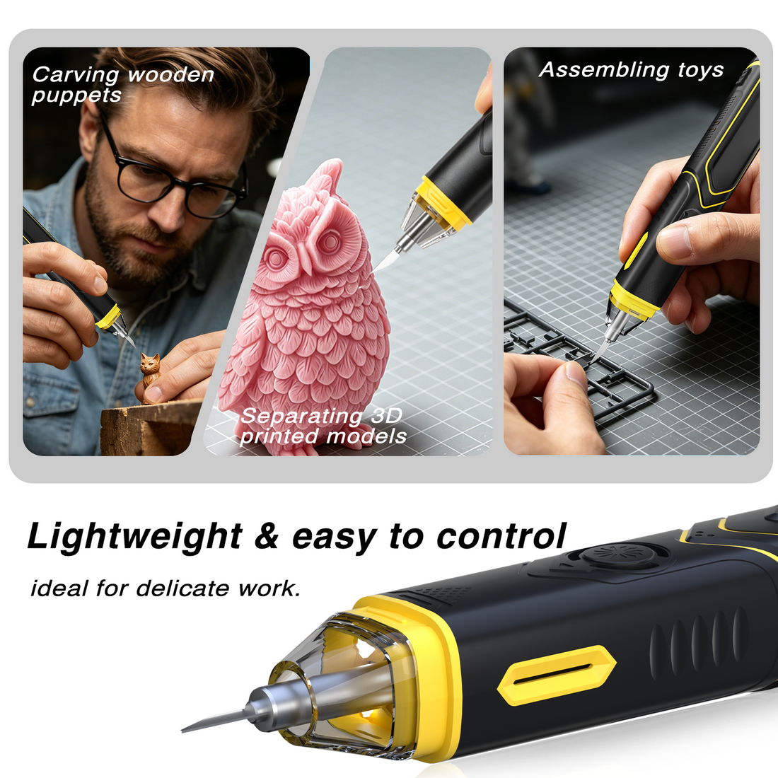 Powrair wireless ultrasonic cutter in use — carving wooden puppets, separating 3D printed models, and assembling toys